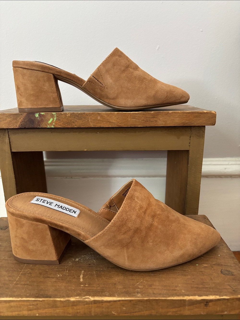 Steve Madden Camel Suede Slip-On Block Heel Mules - Picture 6 of 8